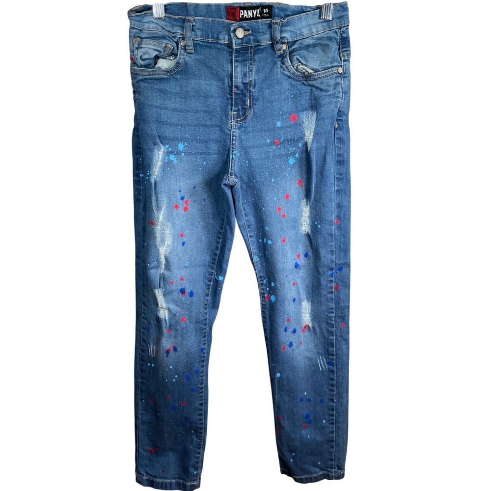 PANYC Kids Size 14 Blue Distressed Paint‎ Splatter Slim Fit Denim Jeans